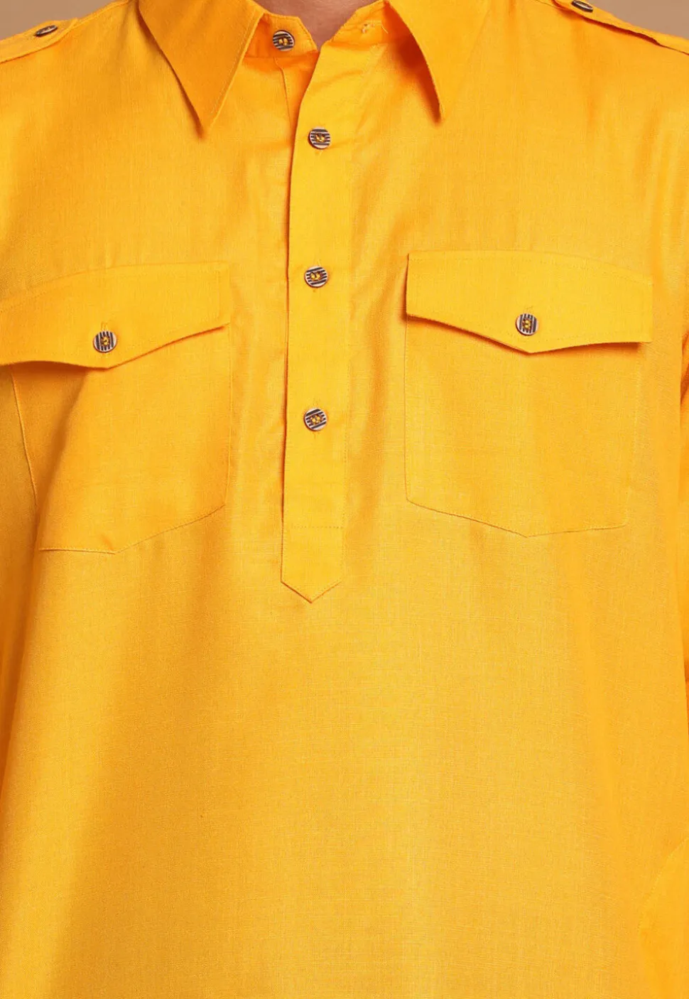 Solid Color Cotton Pathani Suit in Mustard