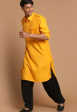 Solid Color Cotton Pathani Suit in Mustard