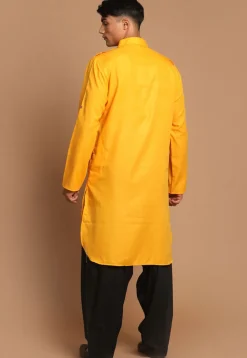 Solid Color Cotton Pathani Suit in Mustard