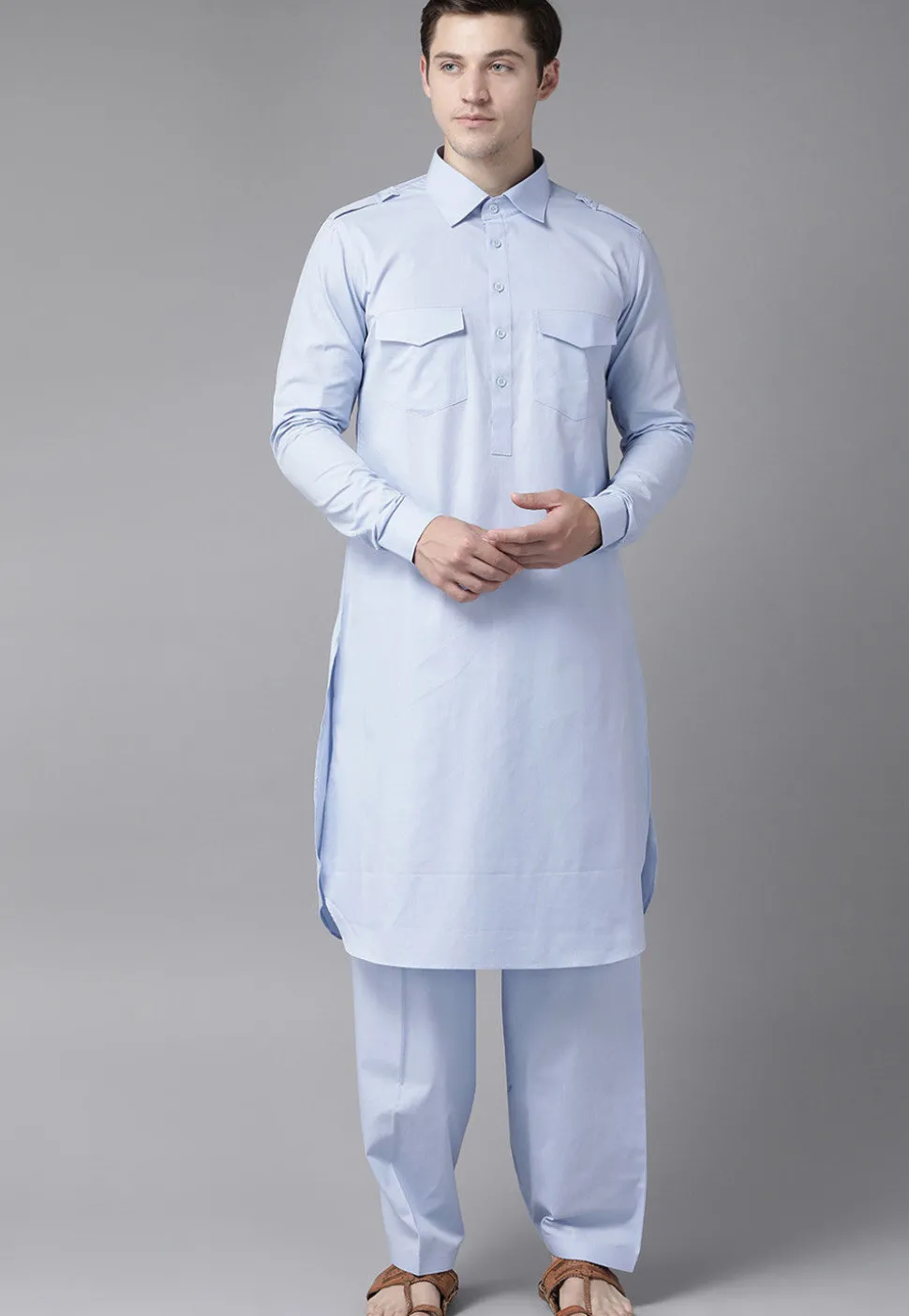 Solid Color Cotton Pathani Suit in Sky Blue