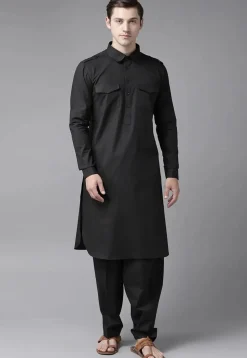 Solid Color Cotton Pathani Suit in Black