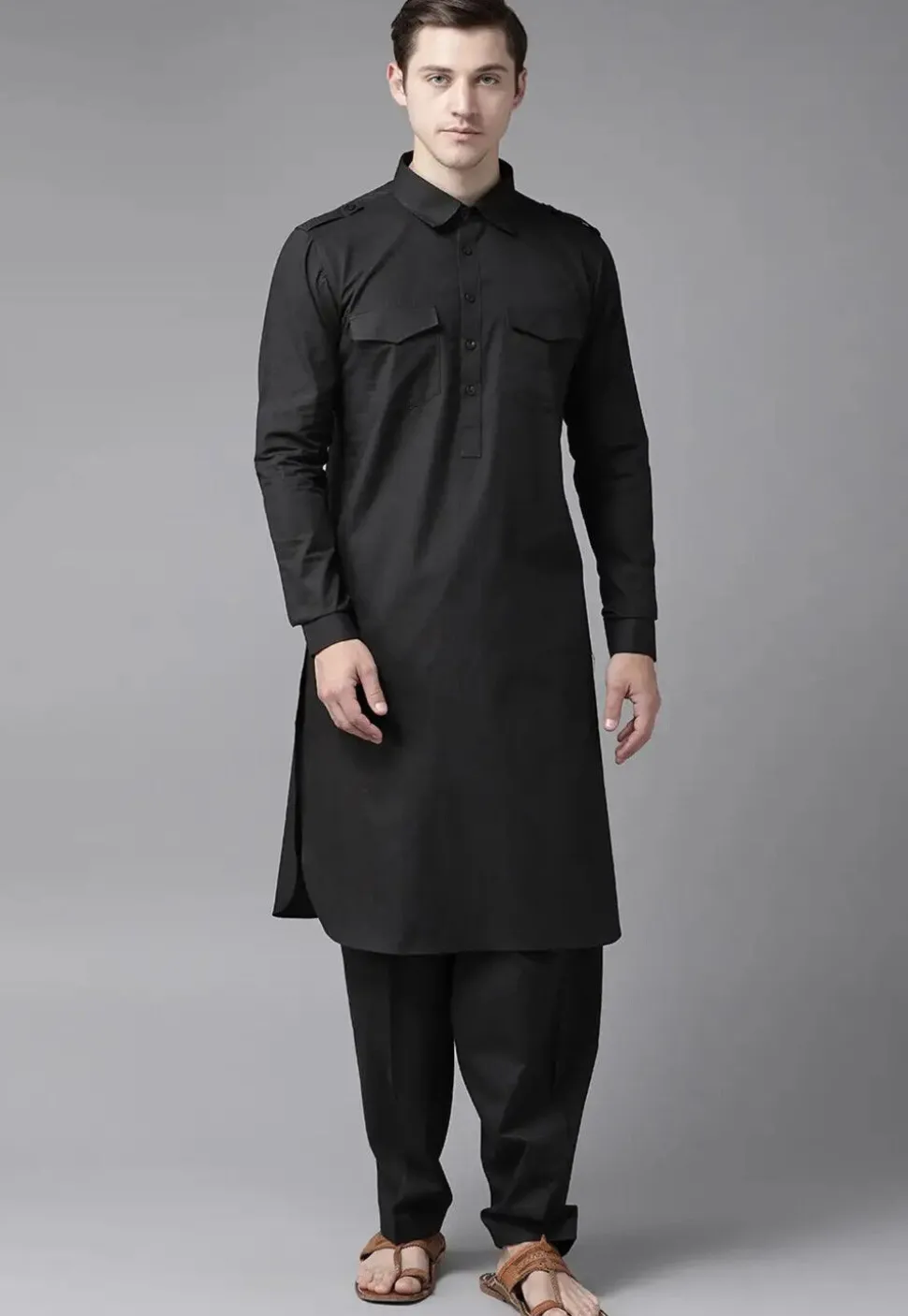 Solid Color Cotton Pathani Suit in Black
