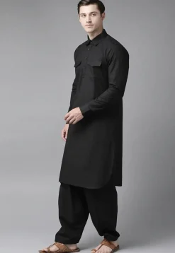 Solid Color Cotton Pathani Suit in Black