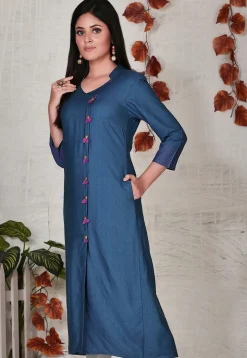 Solid Color Cotton Rayon Front Slit Kurta in Blue