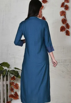Solid Color Cotton Rayon Front Slit Kurta in Blue