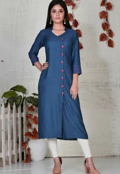 Solid Color Cotton Rayon Front Slit Kurta in Blue