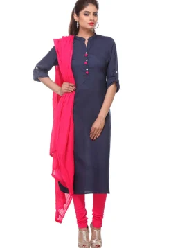 Solid Color Cotton Rayon Straight Suit in Navy Blue