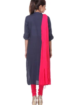 Solid Color Cotton Rayon Straight Suit in Navy Blue
