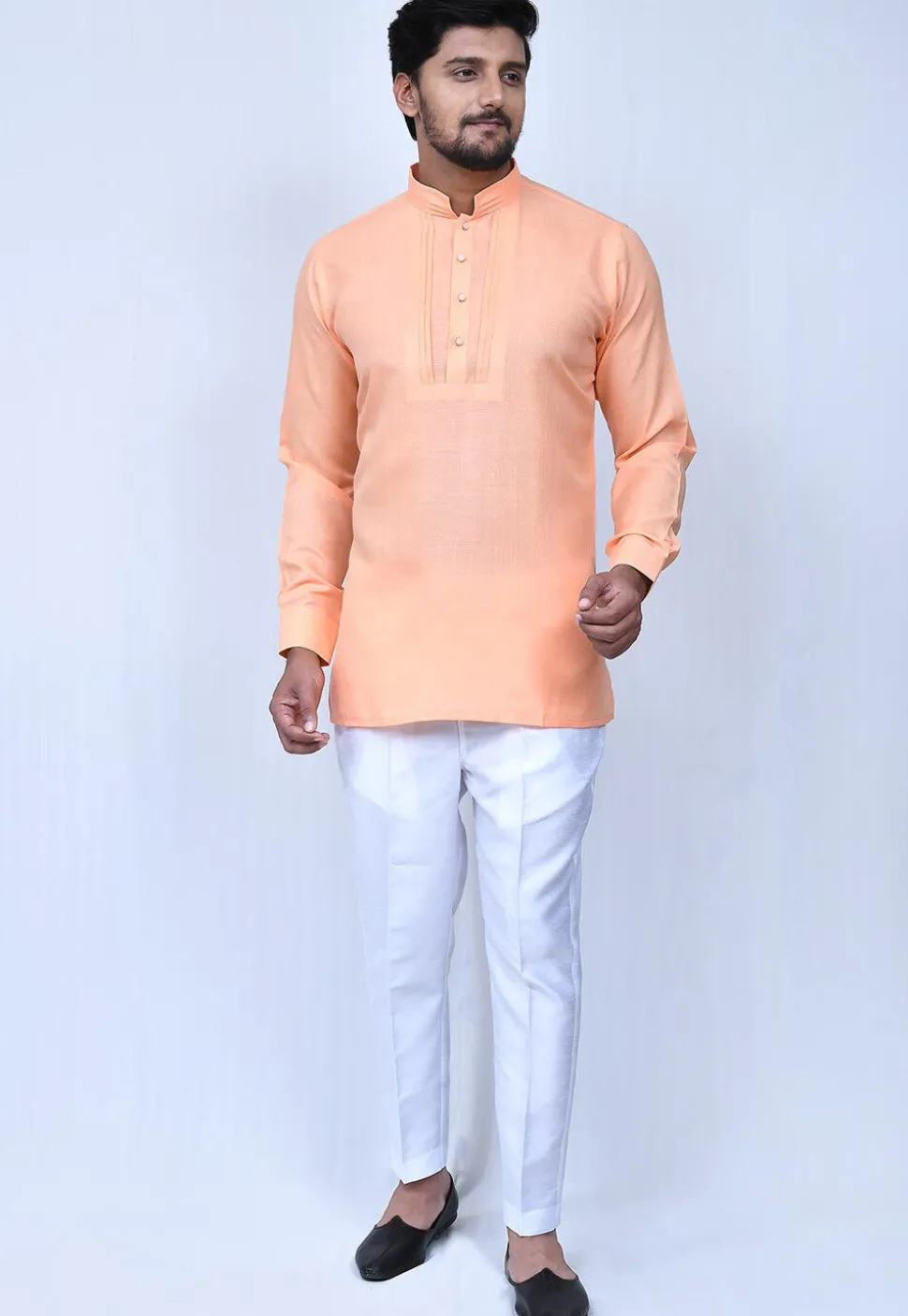 Solid Color Cotton Short Kurta Set in Peach