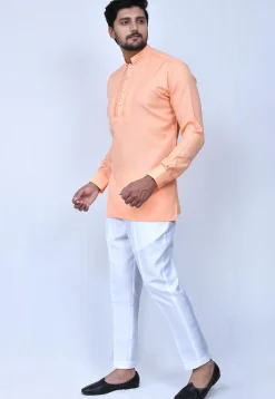 Solid Color Cotton Short Kurta Set in Peach