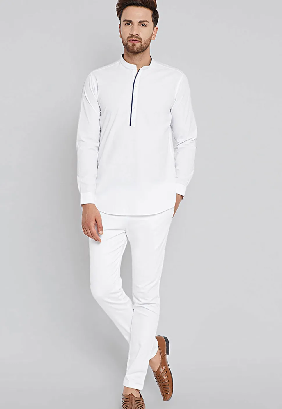 Solid Color Cotton Short Kurta in White