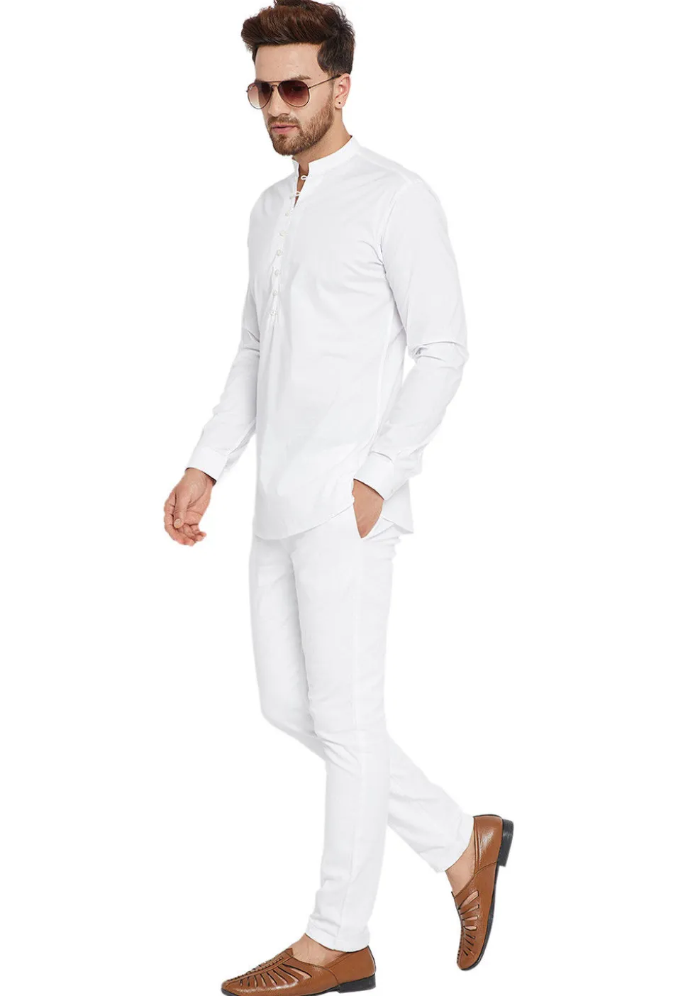 Solid Color Cotton Short Kurta in White