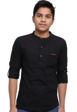Solid Color Cotton Short Kurta in Black