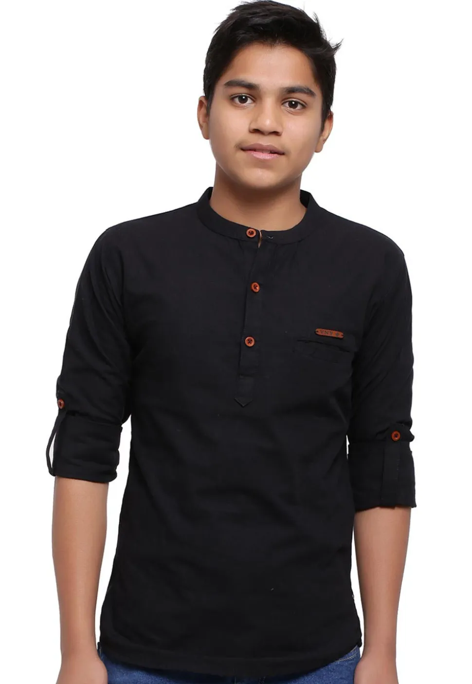 Solid Color Cotton Short Kurta in Black