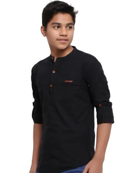 Solid Color Cotton Short Kurta in Black