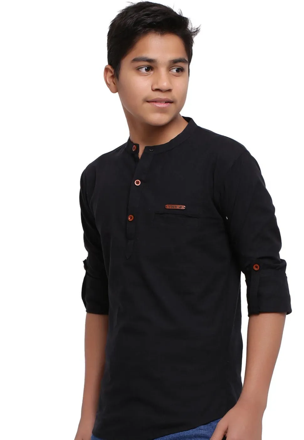 Solid Color Cotton Short Kurta in Black
