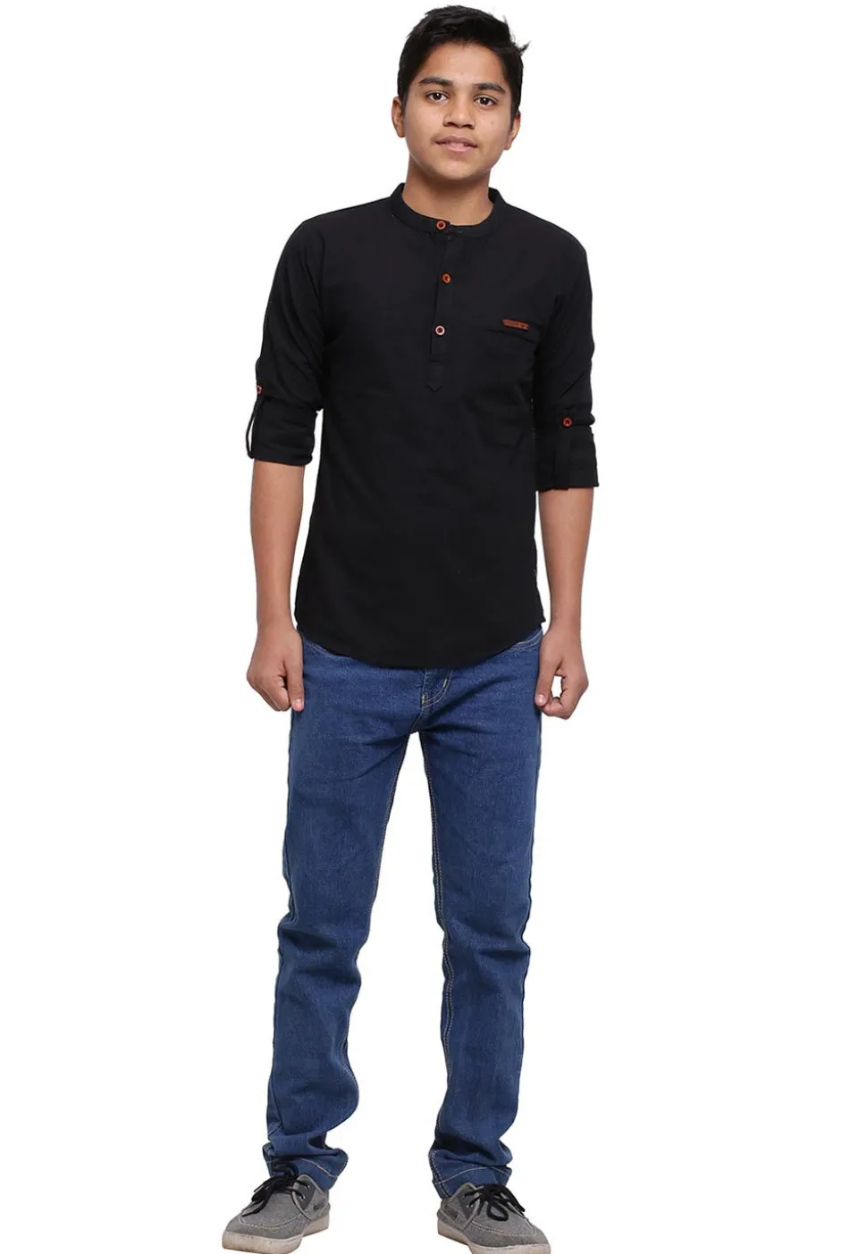 Solid Color Cotton Short Kurta in Black