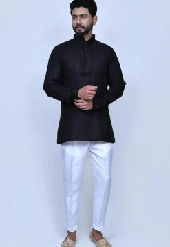 Solid Color Cotton Short Kurta Set in Black