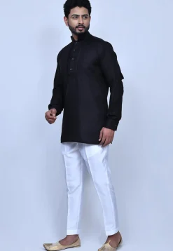 Solid Color Cotton Short Kurta Set in Black