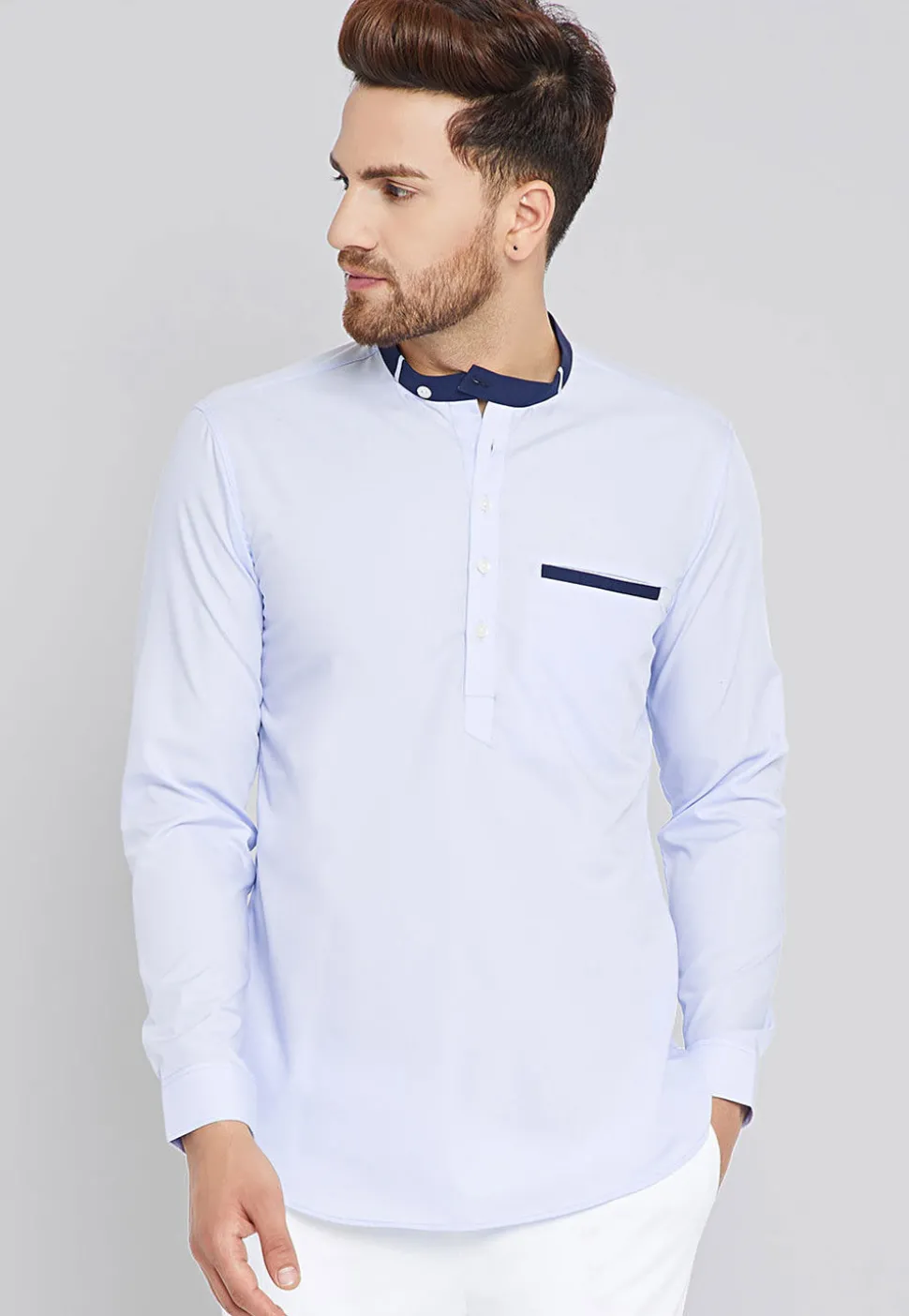 Solid Color Cotton Short Kurta in Light Blue