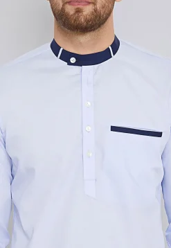 Solid Color Cotton Short Kurta in Light Blue