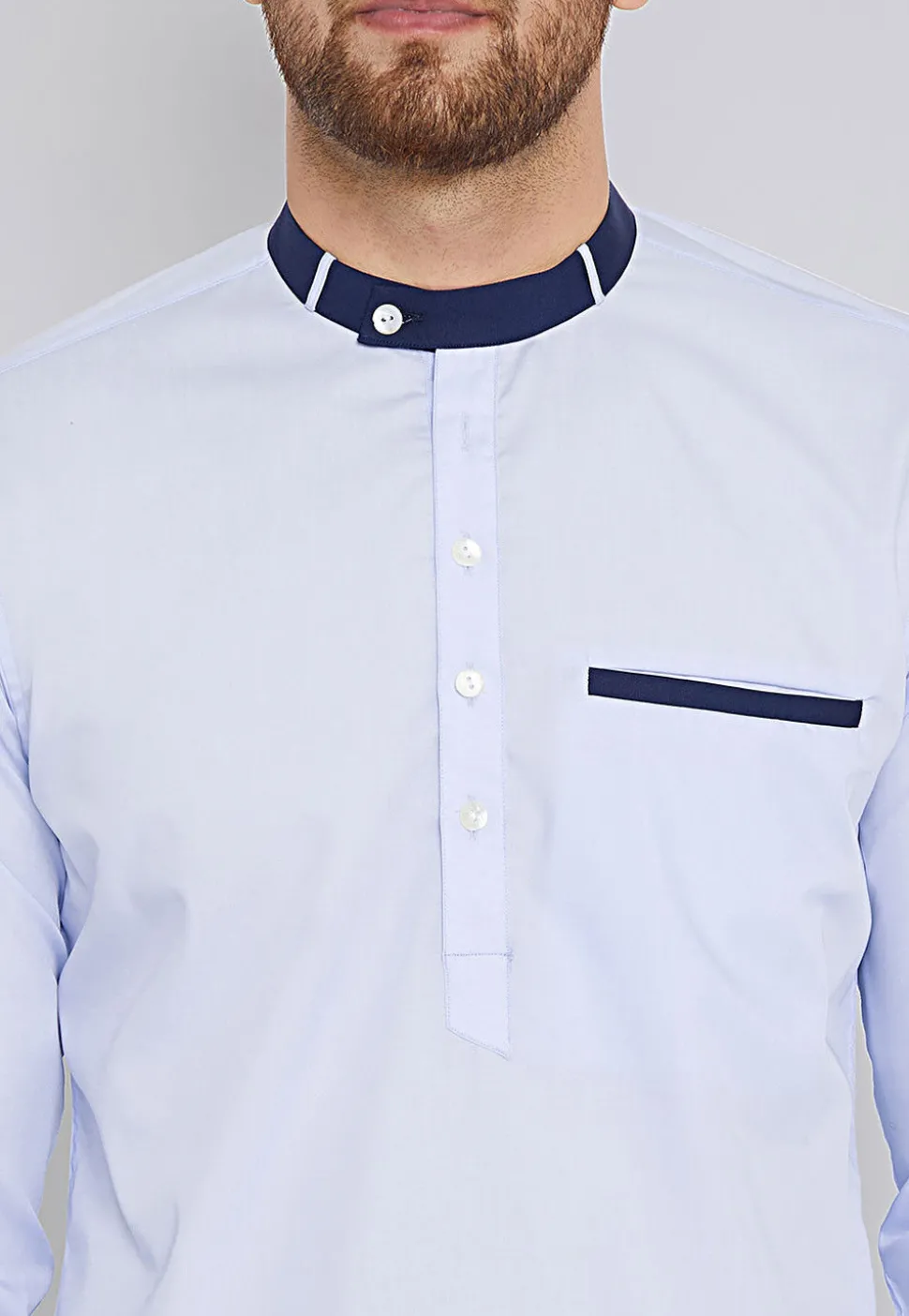 Solid Color Cotton Short Kurta in Light Blue