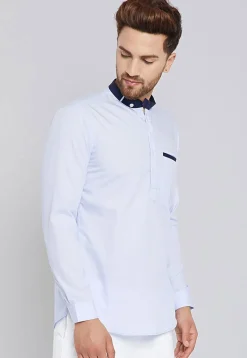 Solid Color Cotton Short Kurta in Light Blue