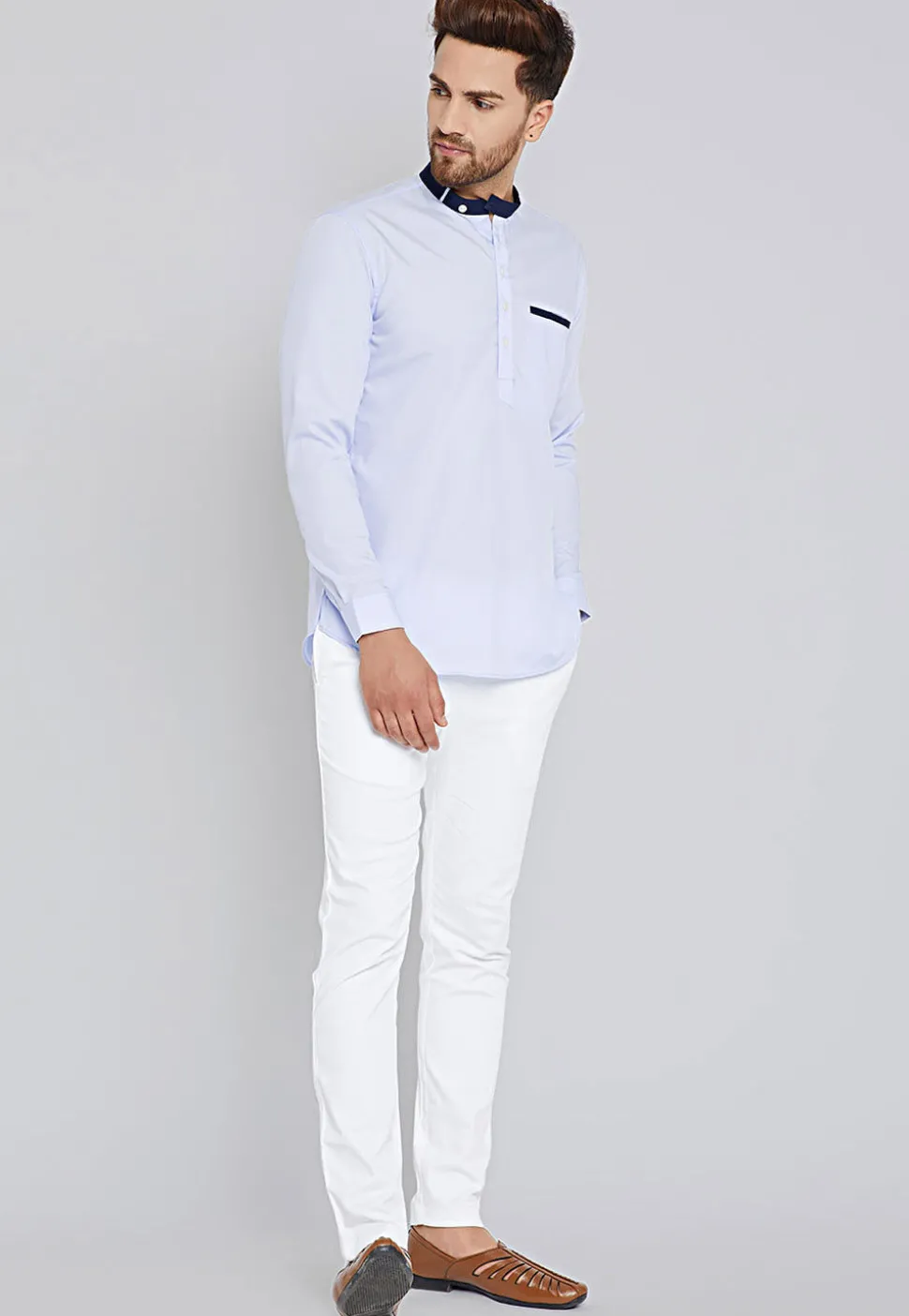 Solid Color Cotton Short Kurta in Light Blue