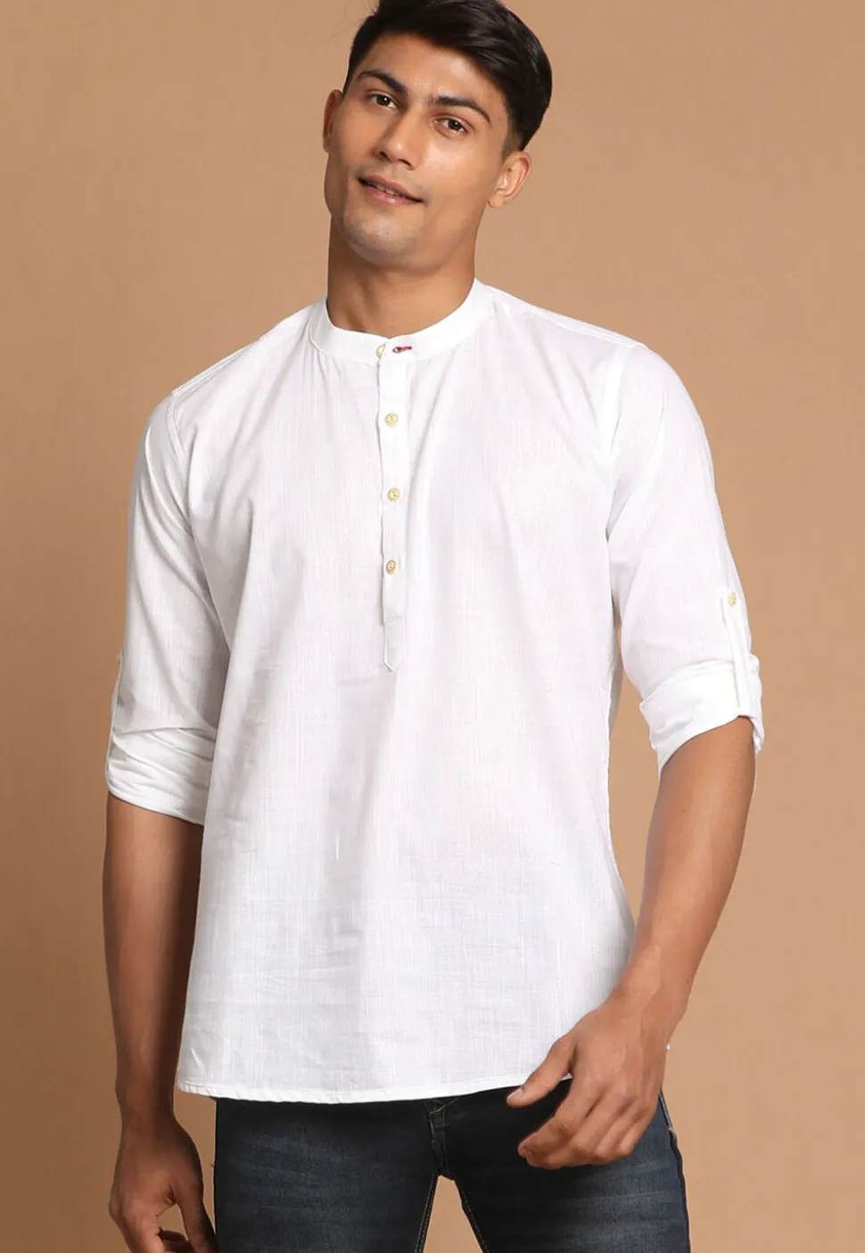Solid Color Cotton Short Kurta in White