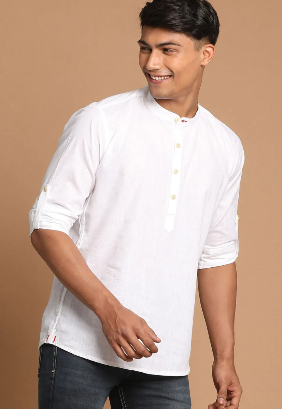 Solid Color Cotton Short Kurta in White