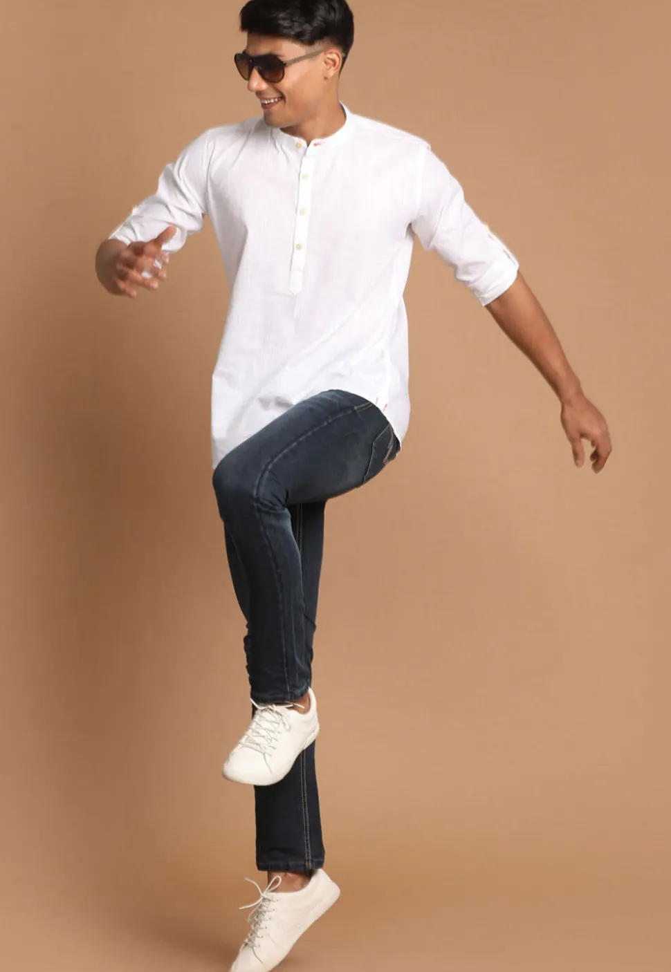 Solid Color Cotton Short Kurta in White