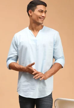 Solid Color Cotton Short Kurta in Sky Blue
