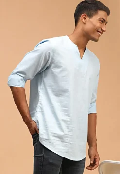 Solid Color Cotton Short Kurta in Sky Blue