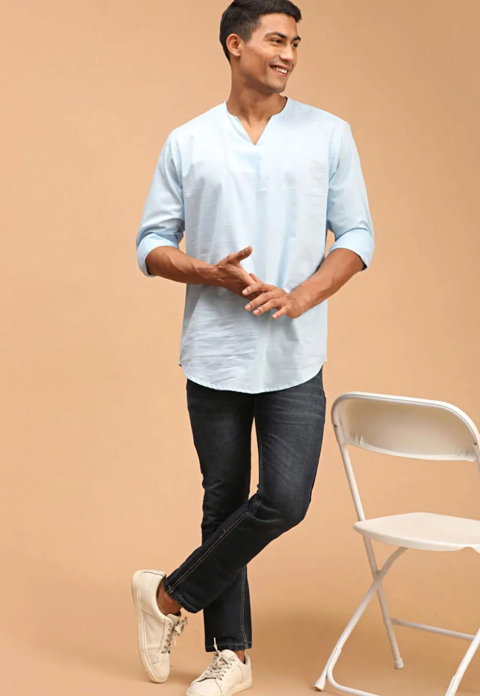 Solid Color Cotton Short Kurta in Sky Blue