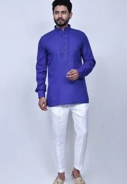 Solid Color Cotton Short Kurta Set in Blue