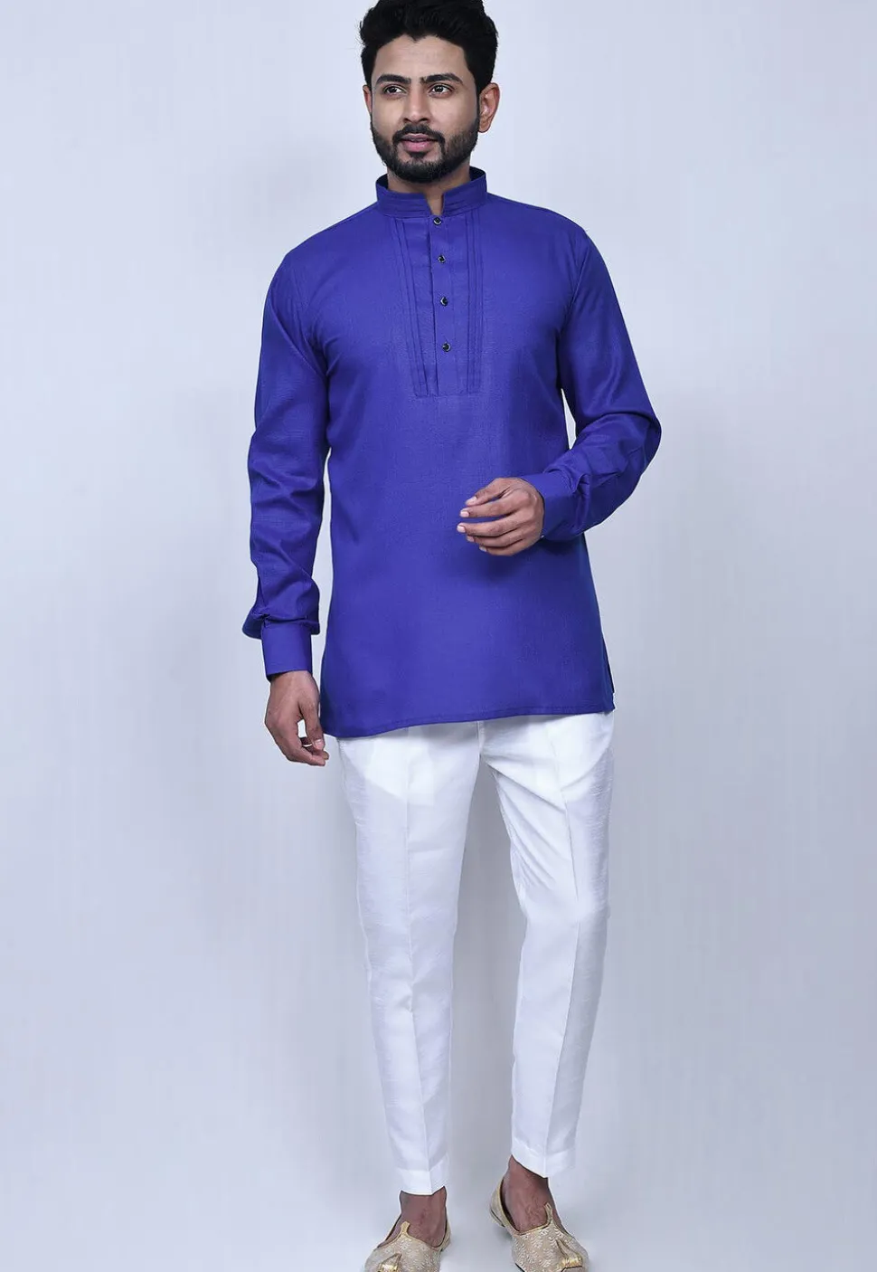 Solid Color Cotton Short Kurta Set in Blue