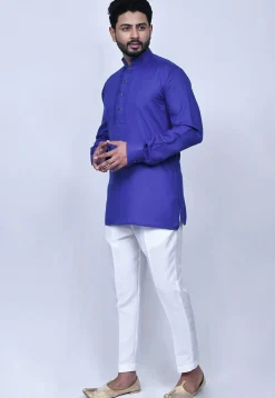 Solid Color Cotton Short Kurta Set in Blue