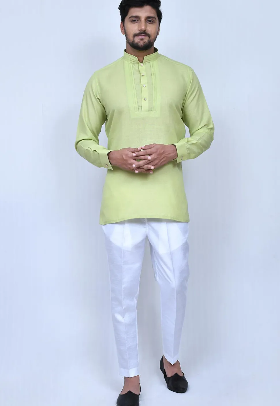 Solid Color Cotton Short Kurta Set in Light Green