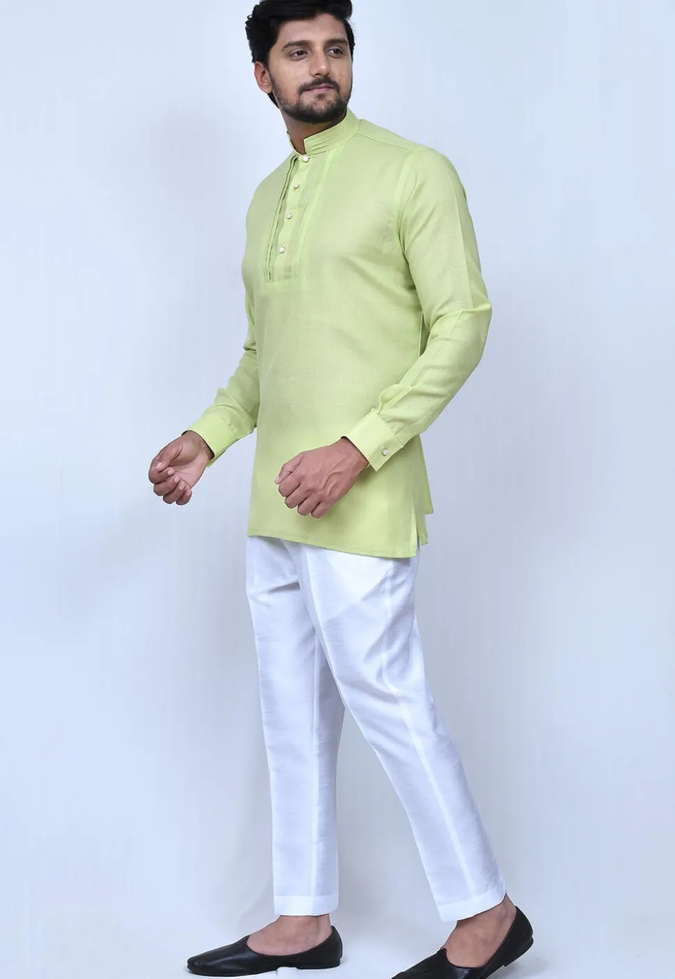 Solid Color Cotton Short Kurta Set in Light Green
