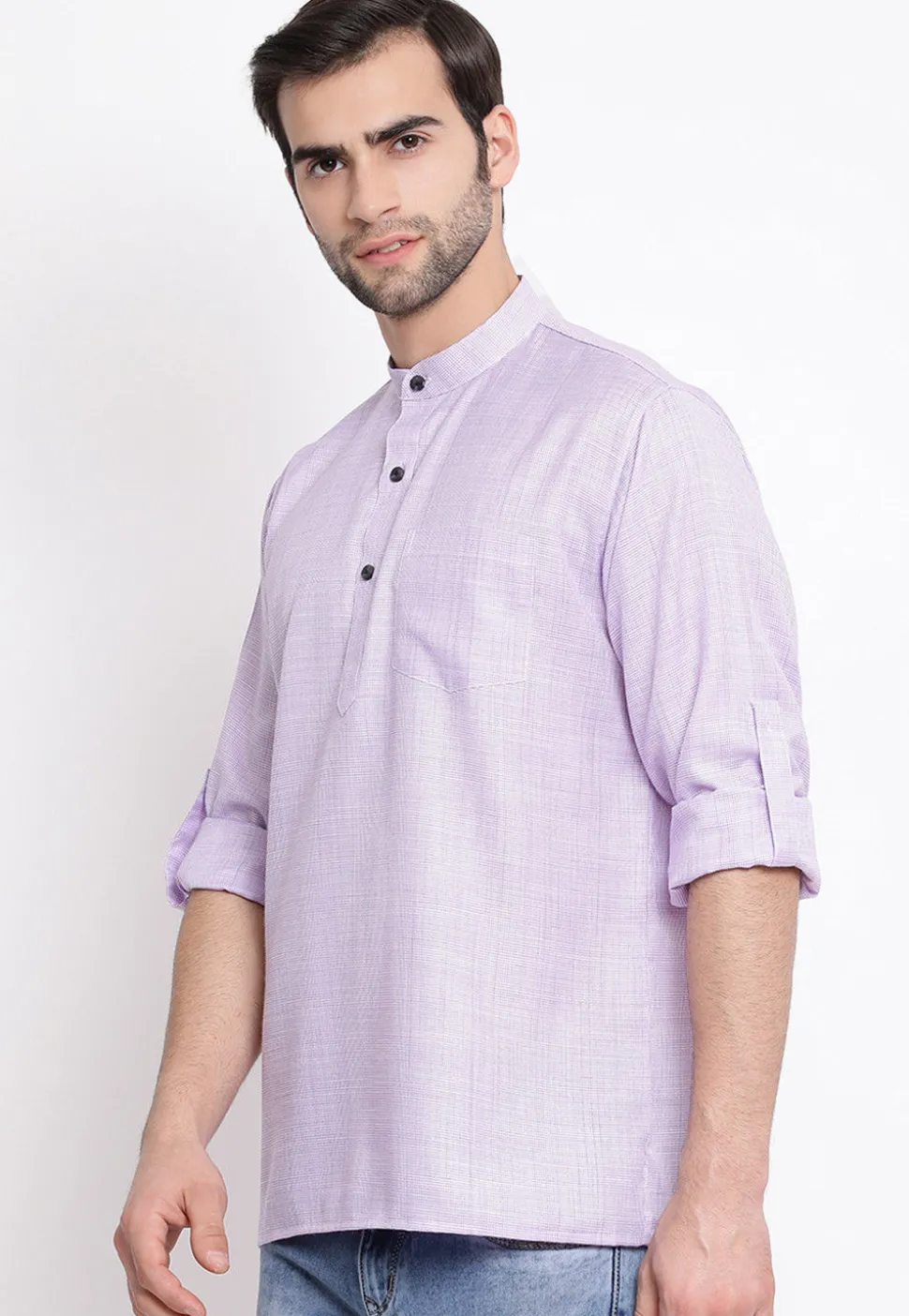Solid Color Cotton Short Kurta in Light Purple