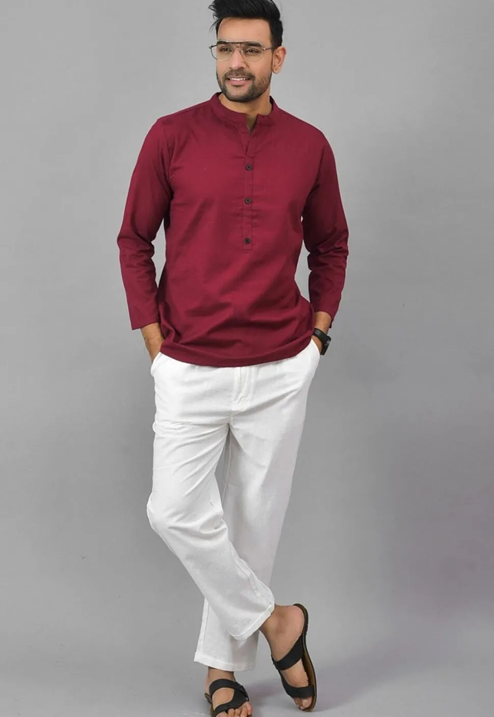 Solid Color Cotton Short Kurta in Maroon