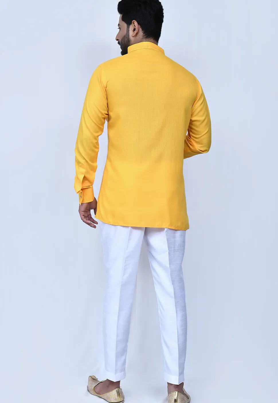 Solid Color Cotton Short Kurta Set in Yellow