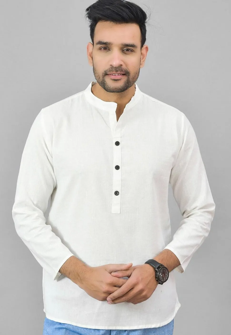 Solid Color Cotton Short Kurta in White