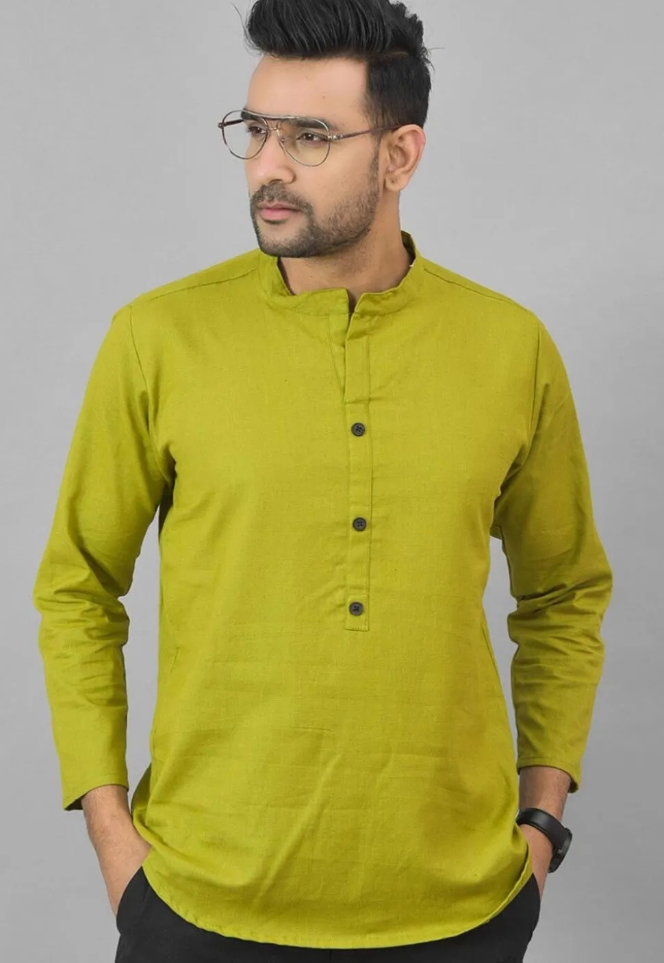 Solid Color Cotton Short Kurta in Olive Green