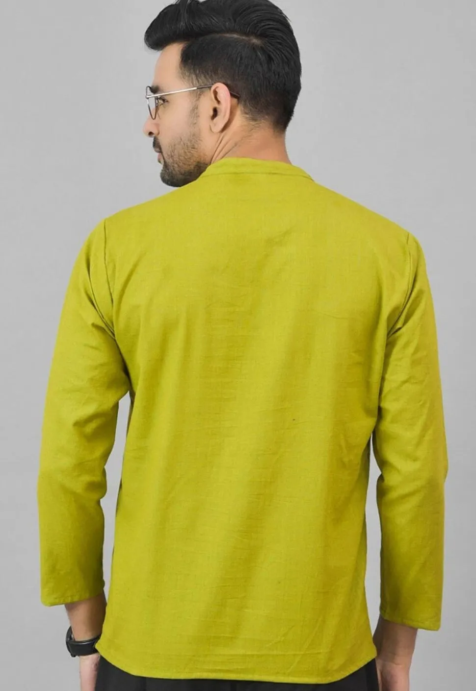 Solid Color Cotton Short Kurta in Olive Green