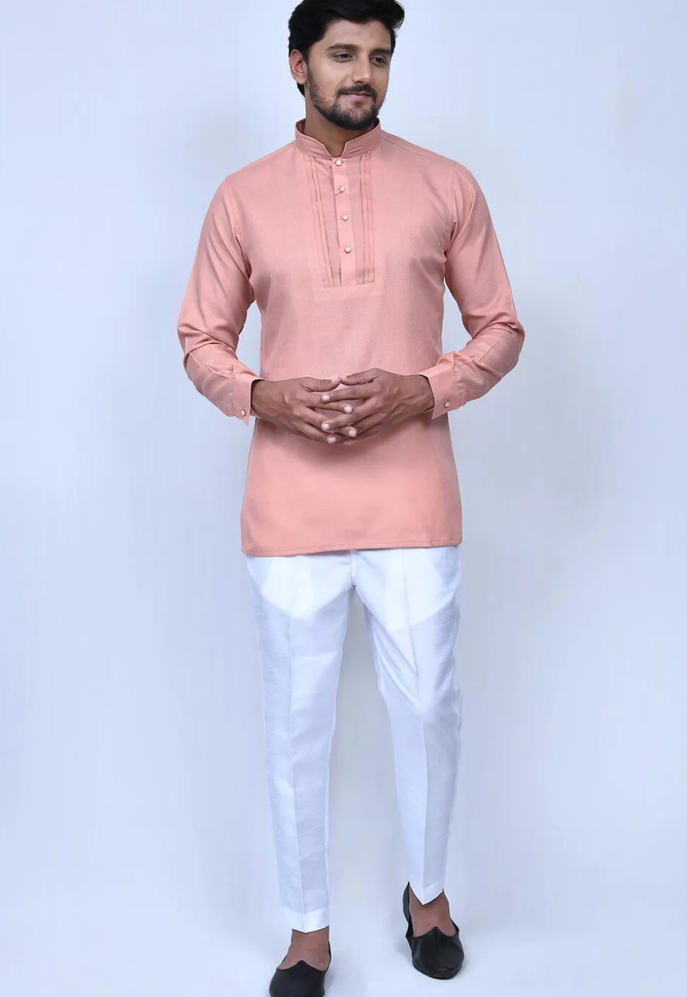 Solid Color Cotton Short Kurta Set in Peach