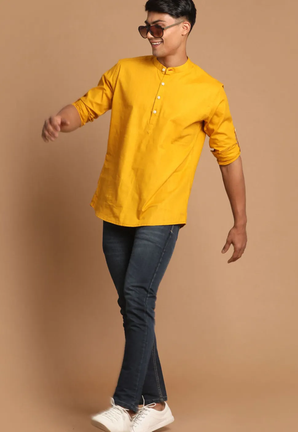 Solid Color Cotton Short Kurta in Mustard