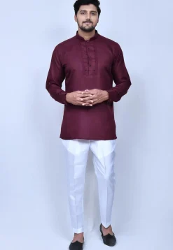Solid Color Cotton Short Kurta Set in Wine