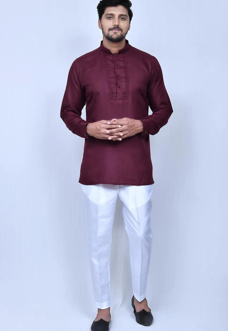 Solid Color Cotton Short Kurta Set in Wine
