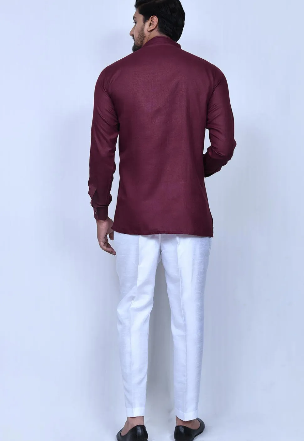Solid Color Cotton Short Kurta Set in Wine
